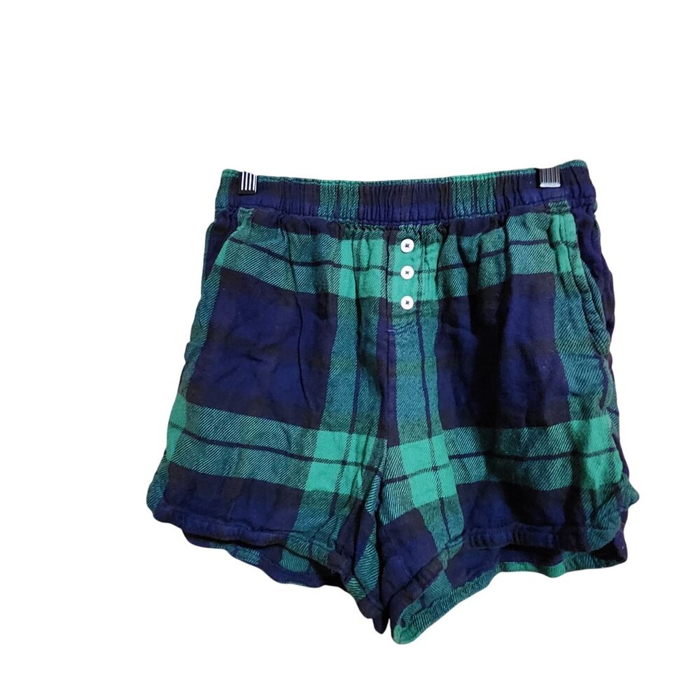 Aerie XS Green & Navy Plaid Elastic Waist Womens Lounge Shorts Cotton Blend